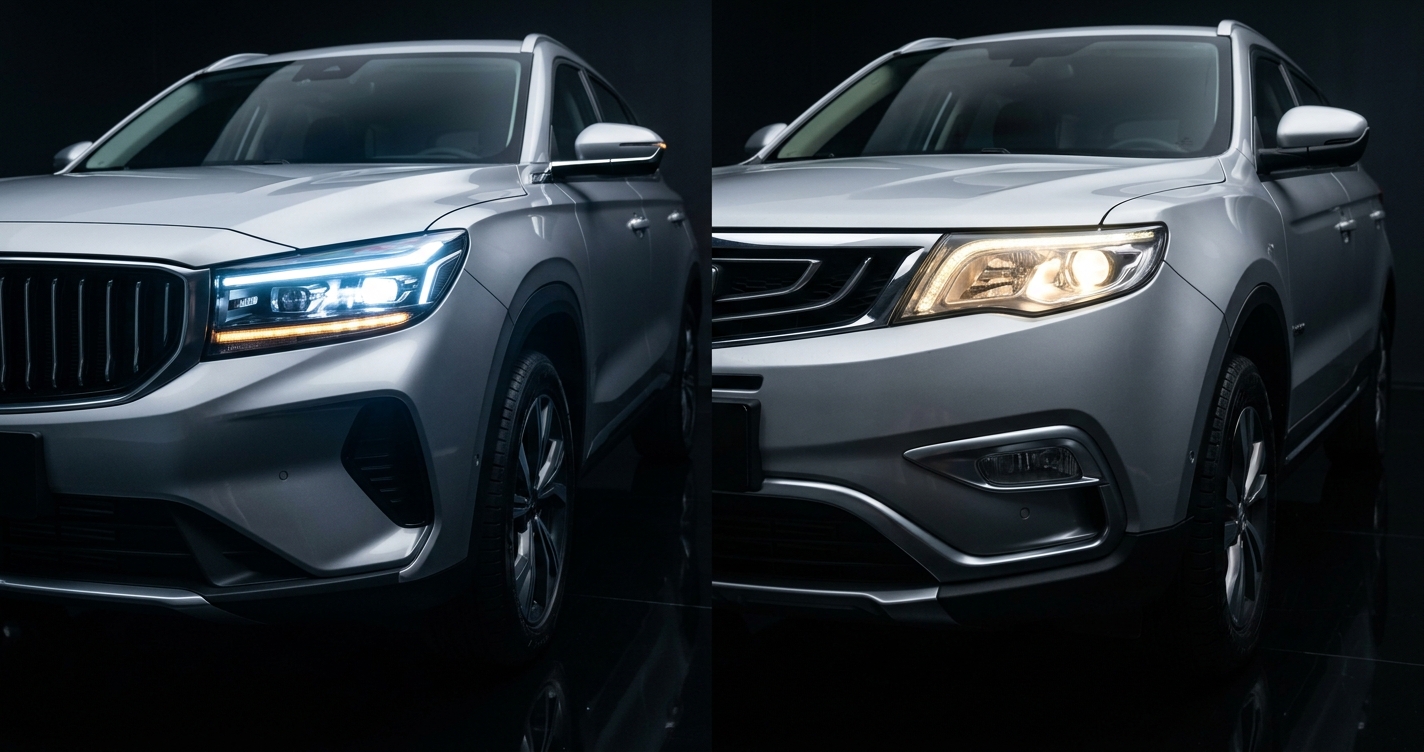 Фары Geely Atlas — сравнение галогеновой и светодиодной оптики