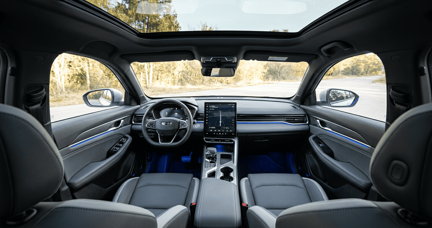 Салон Geely Atlas — вид на переднюю панель и мультимедийный дисплей