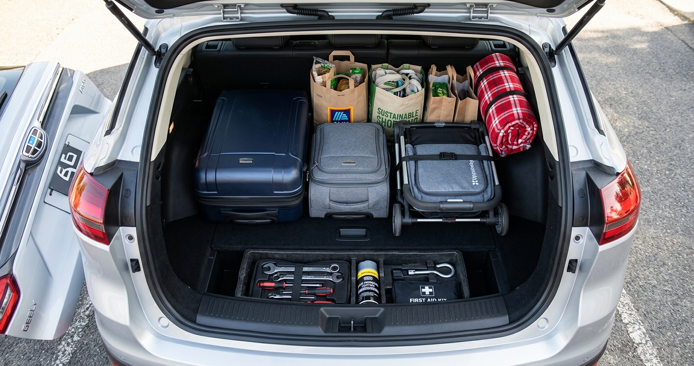 Багажник Geely Atlas II — вид сзади с открытой дверью